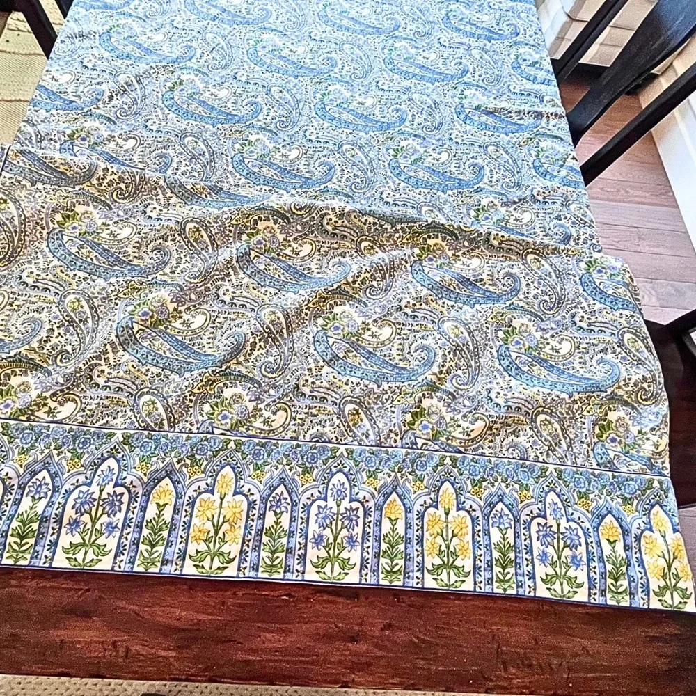 Huge 116x56 Extra Long Blue Yellow White Paisley Floral Cotton Tablecloth - XL